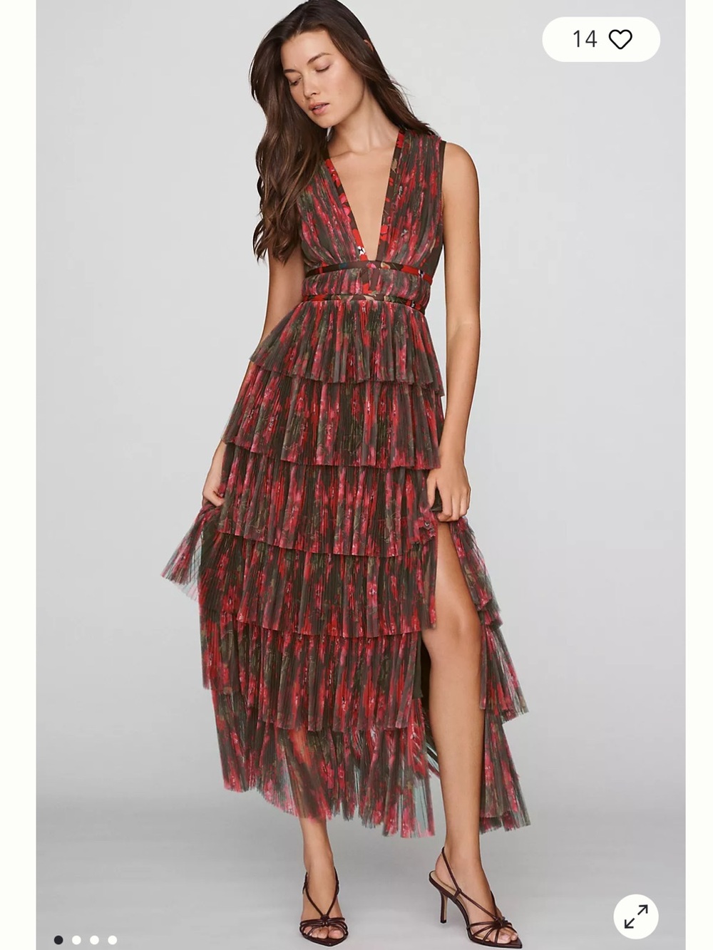hutch amora brown & red floral print v-neck tiered tulle maxi gown dress small